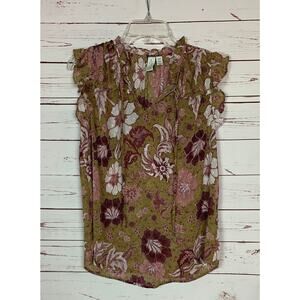 Joie Women's S Small Green Burgundy Floral Ruffle V Neck Cute Summer Top Blouse